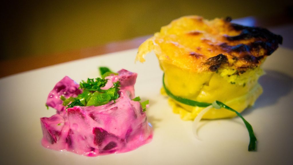 Mini lasagna with mascarpone cheese and corn, with