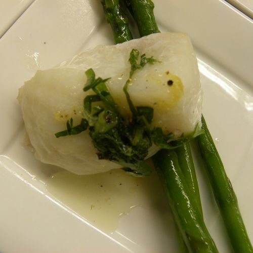 Halibut with asparagus and sauce verde