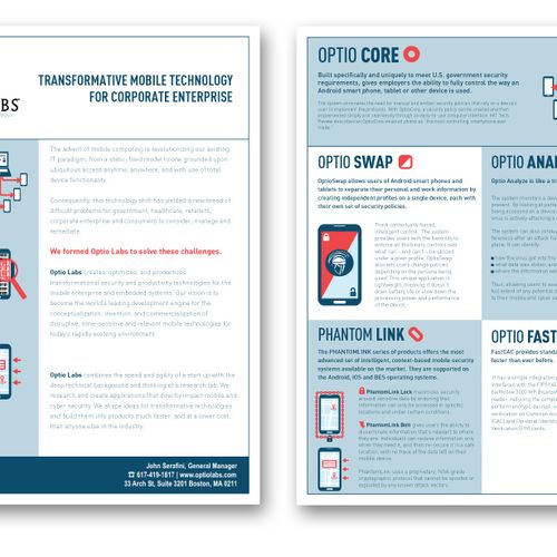One-sheet for Optio Labs Technologies, a mobile so