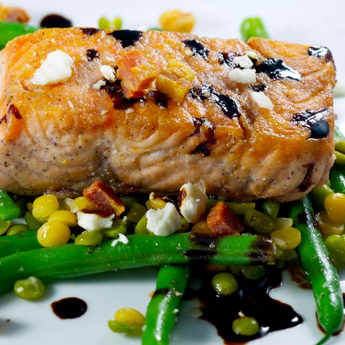 Blue Corn Crusted Salmon with Spring Vegetable and