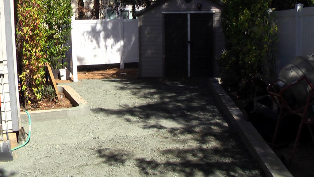 Concrete curbs. Compacted road base for stone pave