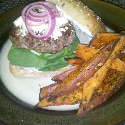 Lamb Burger with Tzatziki Sauce, Pickled Red Onion