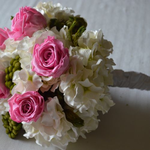 Silk hydrangeas with preserved bright pink roses a