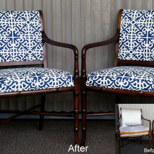 A pair of matching side chairs in a blue/white geo