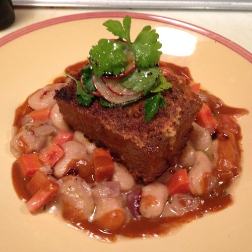 Braised beef short rib with heirloom beans and pic