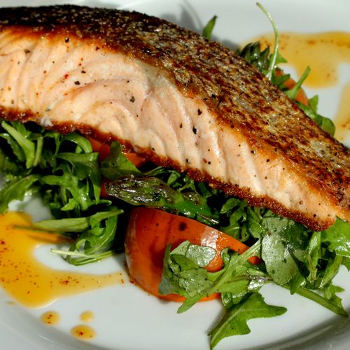 Grilled Salmon with Wilted Arugula and Heirloom To