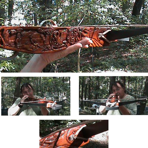 Wood carving on a crossbow.