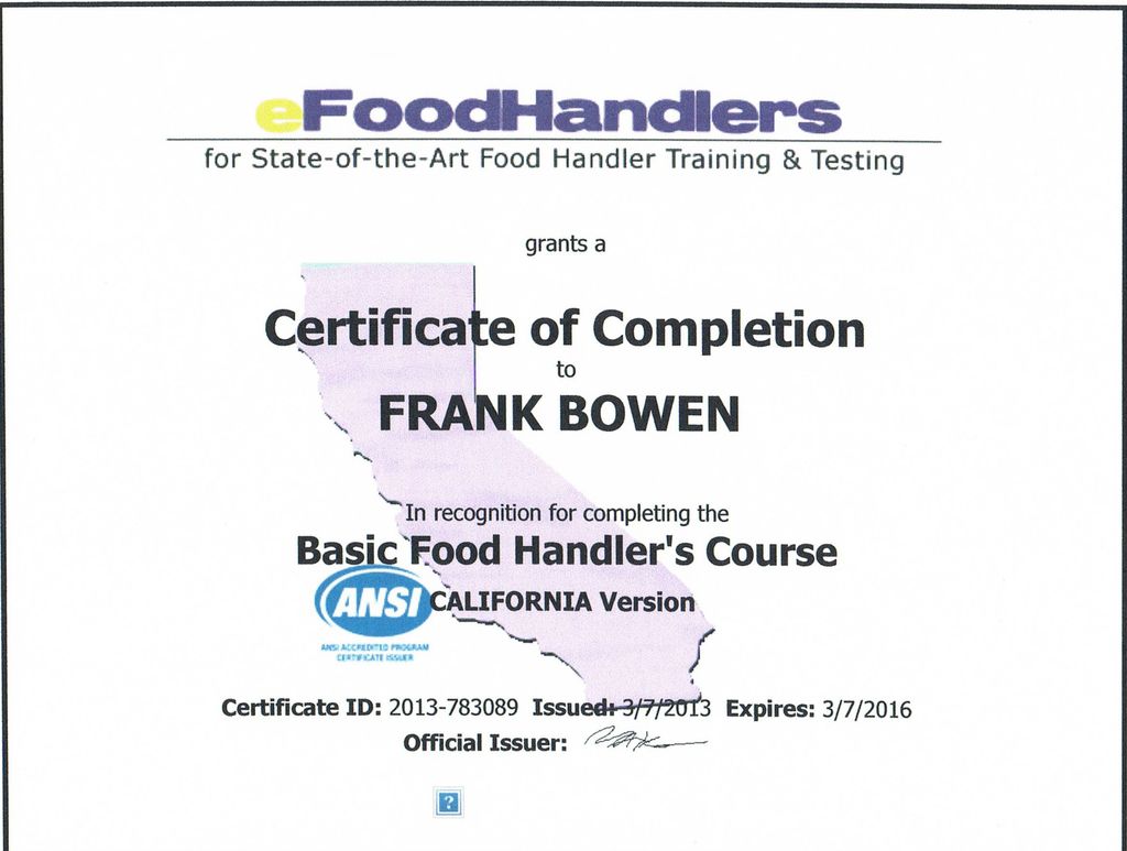 Food Handler Certificate for 2013-2016
