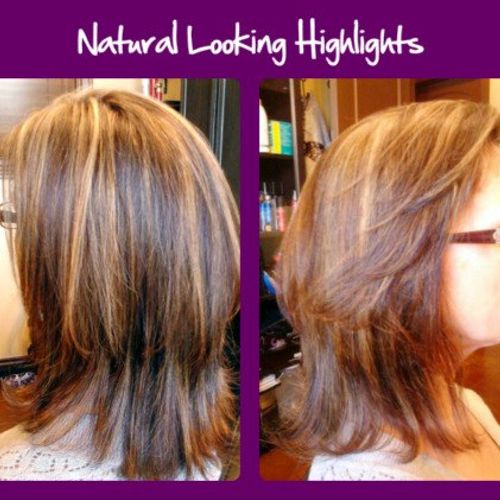 Golden blonde highlights with medium brown hair by