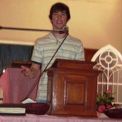 Giving a talk at a church in northern Coahuila, Me