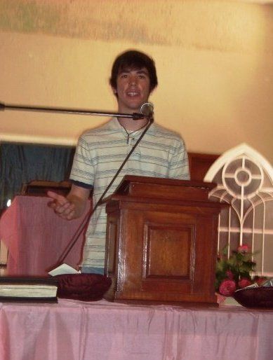 Giving a talk at a church in northern Coahuila, Me
