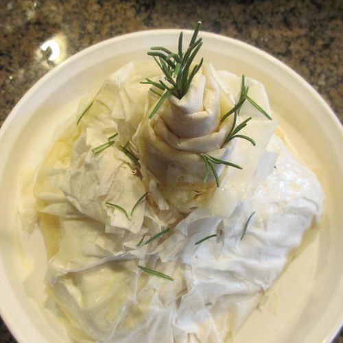 Brie wrapped in Phyllo with Olallieberry and Rosem