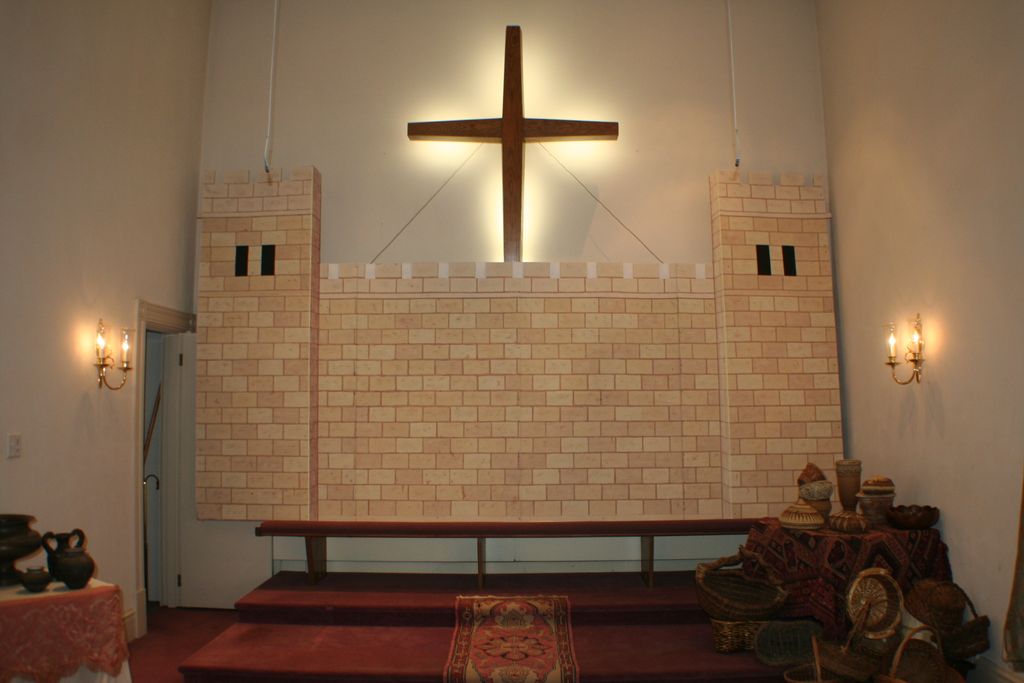 Backdrop of Jerusalem Temple for a Christmas play.