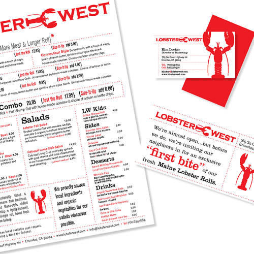 Lobster West, Encinitas, CA. Designed menus and al