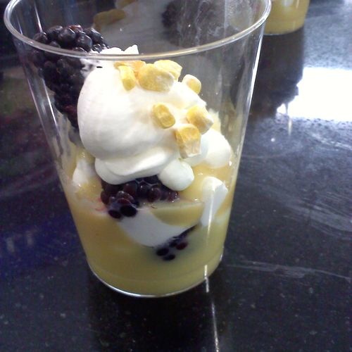 Corn Pudding, Blackberries and fresh Whipped Cream