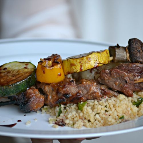Beef & Vegetable Skewers over Confetti Couscous