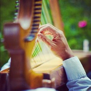 Rev. Rick playing harp at the Dante Club, Sacramen