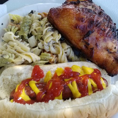 BBQ chicken, hot dog and my signature pasta salad