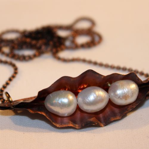 Form Folded Copper Pod with Three Pearl "peas"