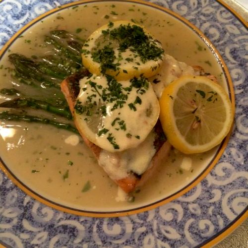 Baked Salmon, Served with Asparagus Lemon, White W