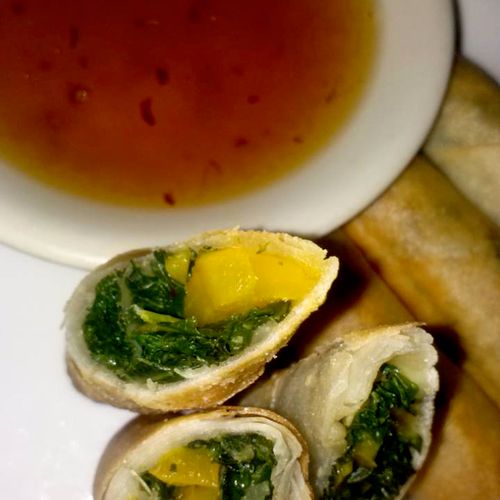 Kale and Yellow Bell Pepper Spring Rolls with a GA