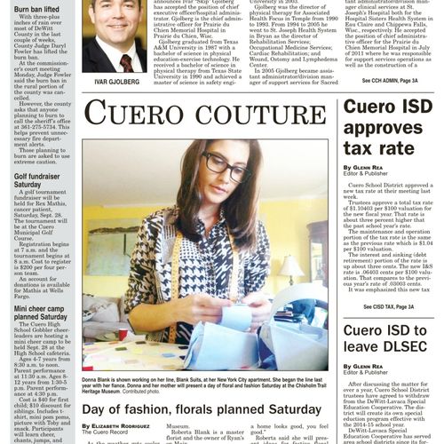 Media: Front Page of Cuero Record September 2013
H