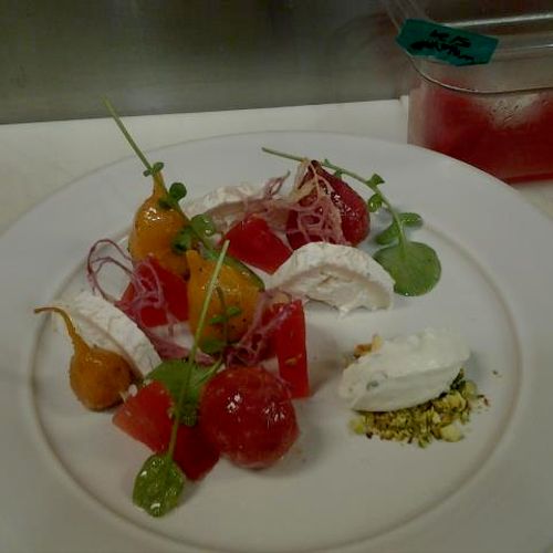 watermelon/ hickory smoked beet salad with goat ch