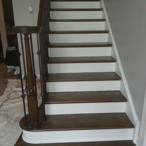 Stained and varnished stairs, painted risers white
