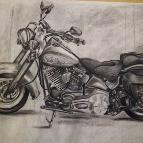 A charcoal drawing of a motorcycle
