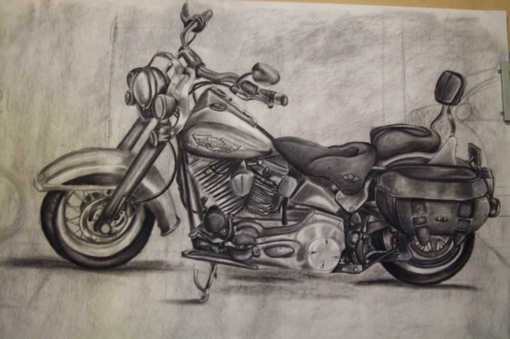 A charcoal drawing of a motorcycle