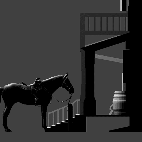 A horse tied outside of a saloon, 3-D blender mode