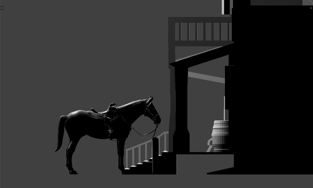 A horse tied outside of a saloon, 3-D blender mode