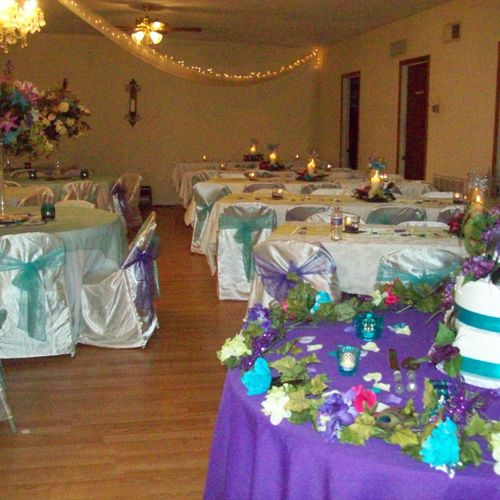 Purple and Aqua Peacock Feather Wedding Reception