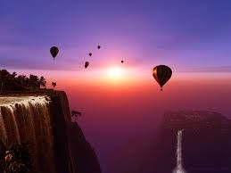 Hot air balloon over purple horizon