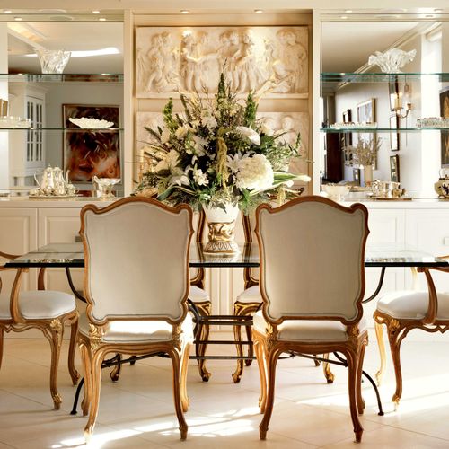 Bas relief inset enhances the dining room.