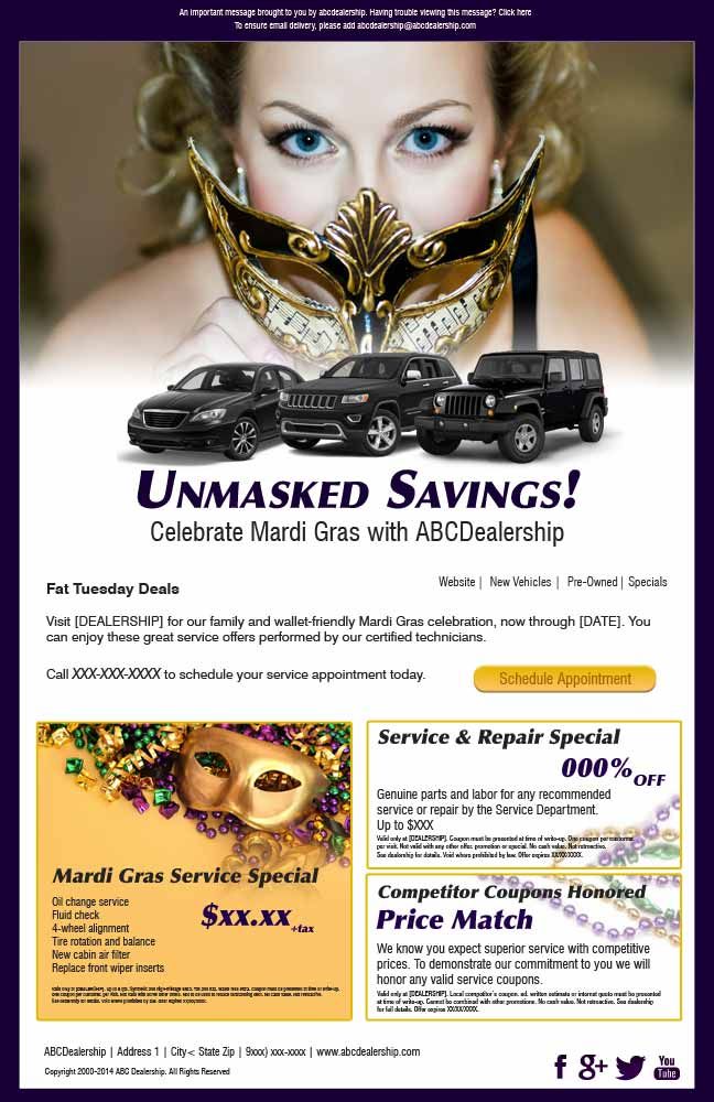 Generic brand Mardi Gras themed e-news blast for a