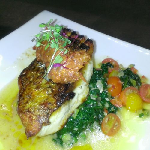 PAN ROASTED SEA BASS WITH HEIRLOOM TOMATO AND PANC