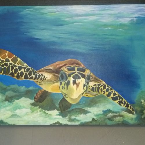 18in by 24in Underwater Sea-turtle. Acrylic on woo