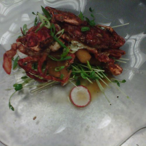 sesame seared soft shell crabs, pea shoot & radish