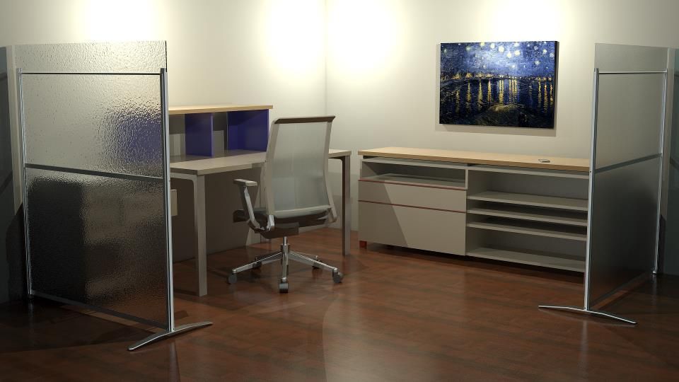 3D rendering of a typical office layout.