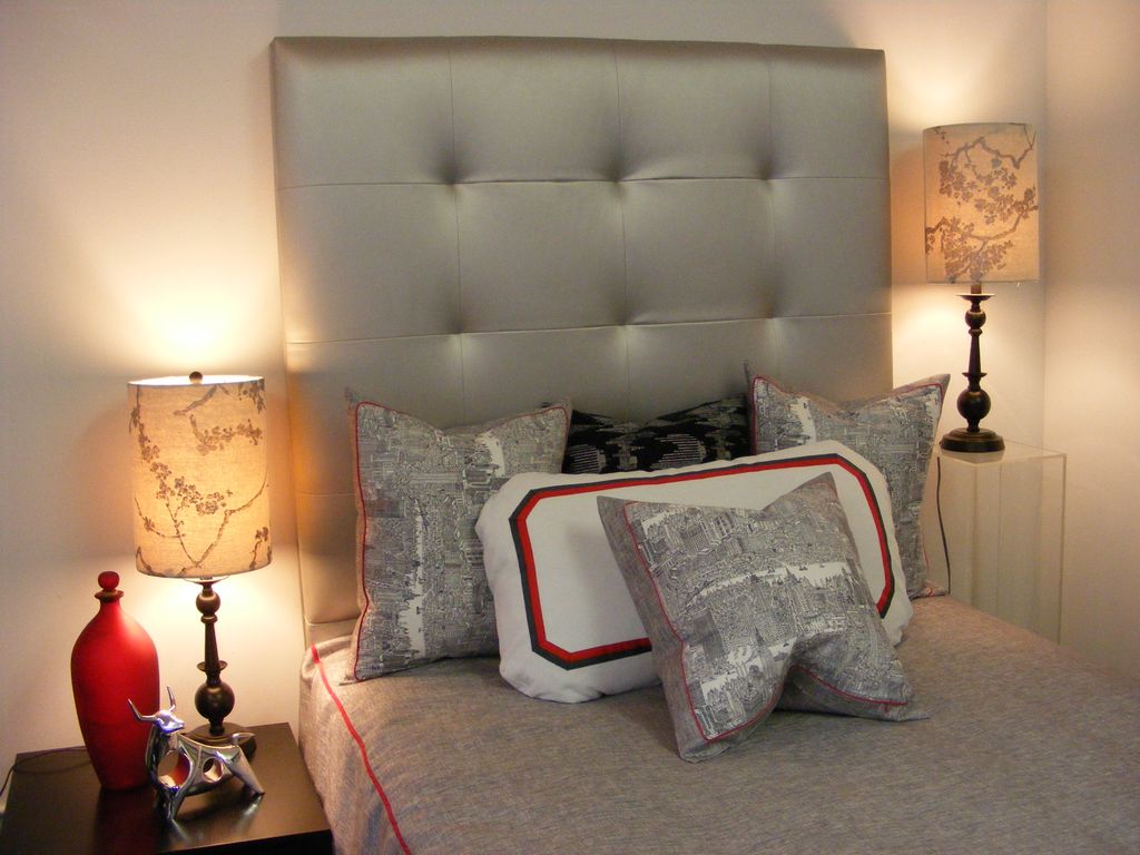 Custom made bed with the headboard, custom lamp sh