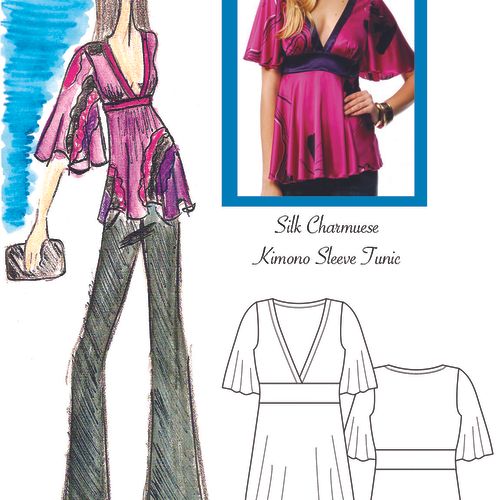 Silk blouse design and flat sketch for Bebe