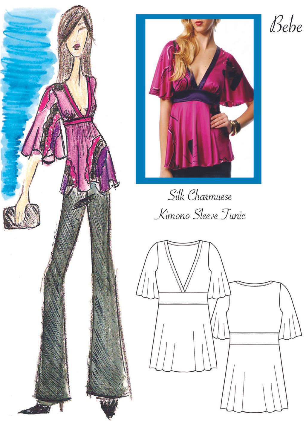 Silk blouse design and flat sketch for Bebe