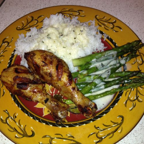 Grilled chicken, Rice and Asparagus with a lemon b