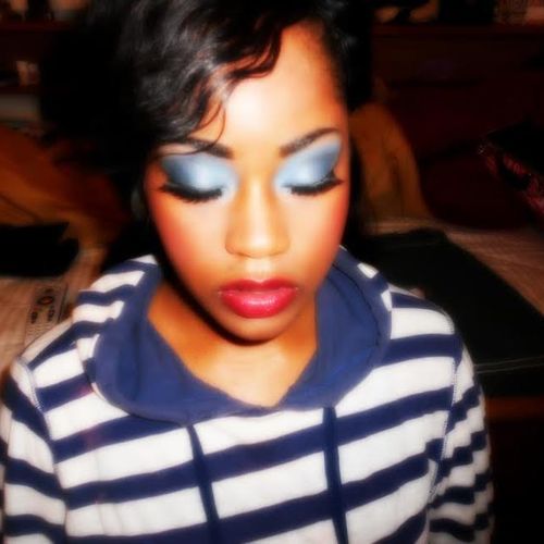 Blue with Red Lips with a smooth foundation touch 