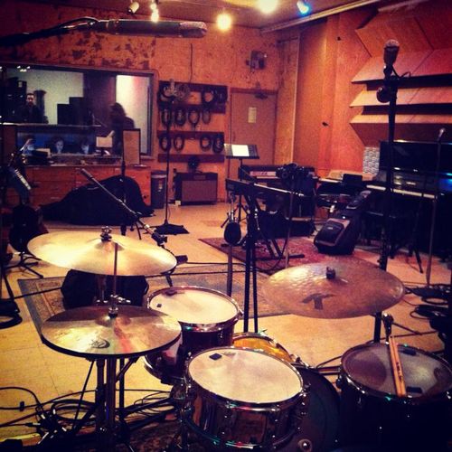 Drum set-up for "Ruby Throated" sessions. Engineer