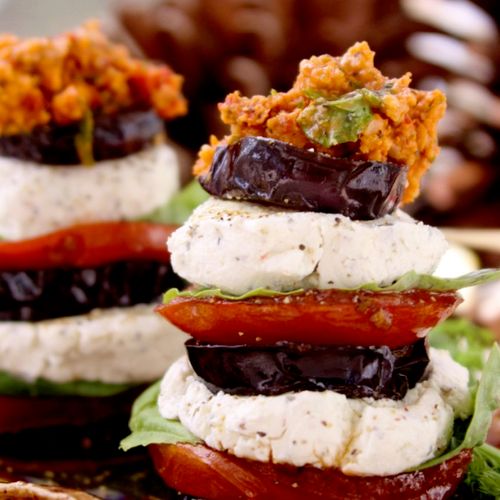 Eggplant caprese sandwiches with red pepper hummus