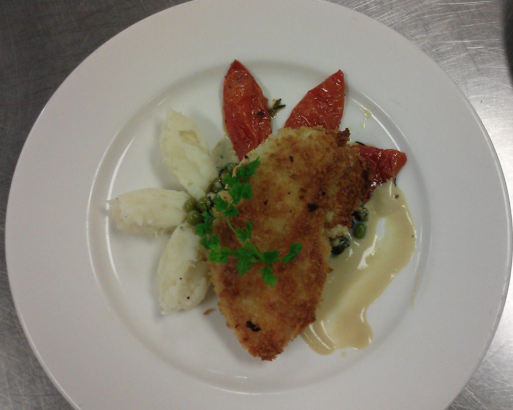Panko Chicken with mashed potato and red pepper pe