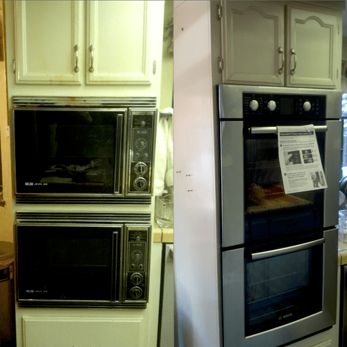 Removed old ovens. Reduced size of top cabinet by 