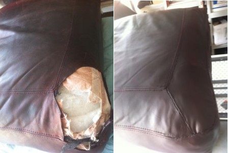 Dog Bite on aged leather Sofa cushion repair